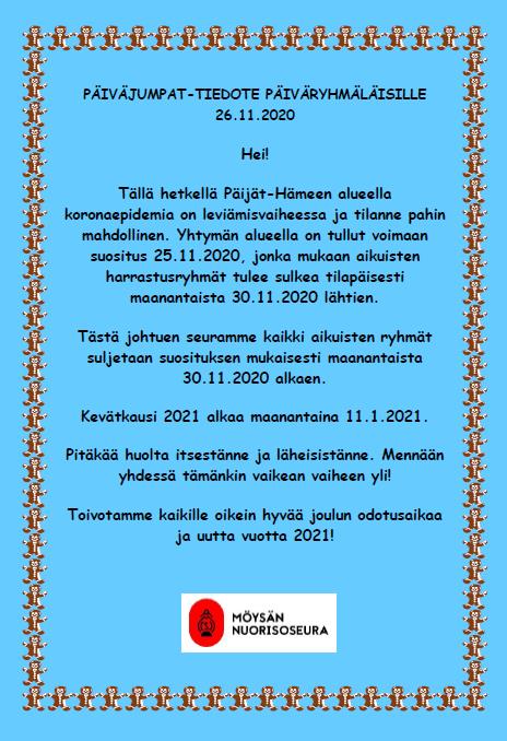 Read more about the article Tiedote päiväryhmät 25.11.2020